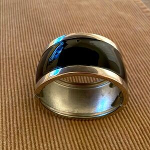 Hinged Bracelet Black Enamel with Silver Tone Bracelet